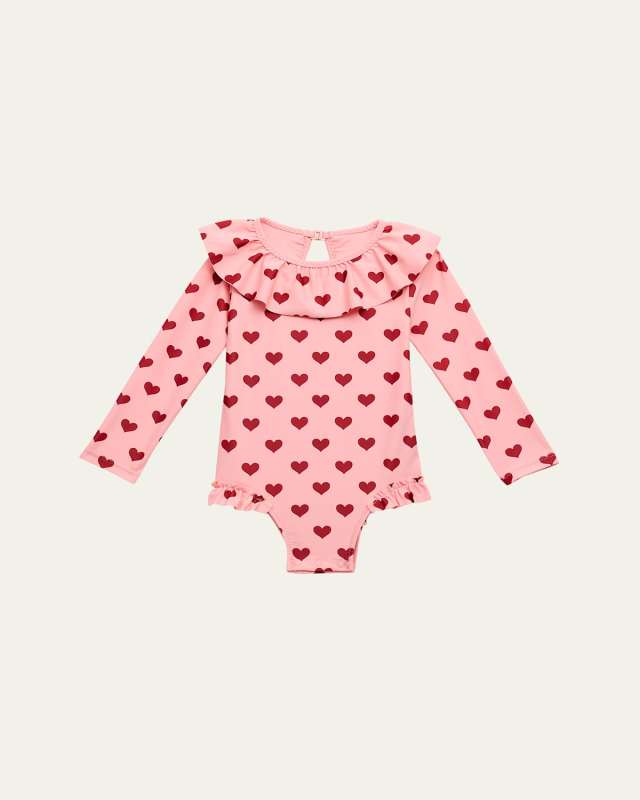 Girl's Manuca Heart Long-Sleeve One-Piece Swimsuit, Size 9M-6